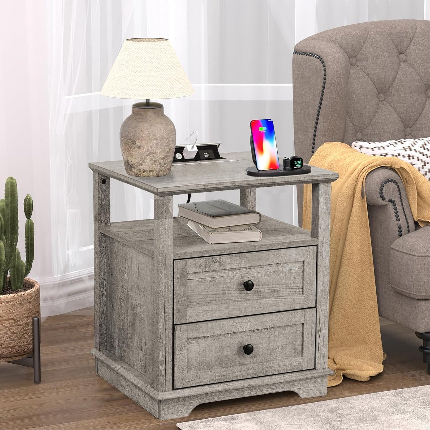 HIFYOBRO End Table with 2 Drawers and Charging Station, Type-C & USB Port & Power outlets, Wooden Storage Cabinet, Large Side Table with Storage for Living Room and Bedroom