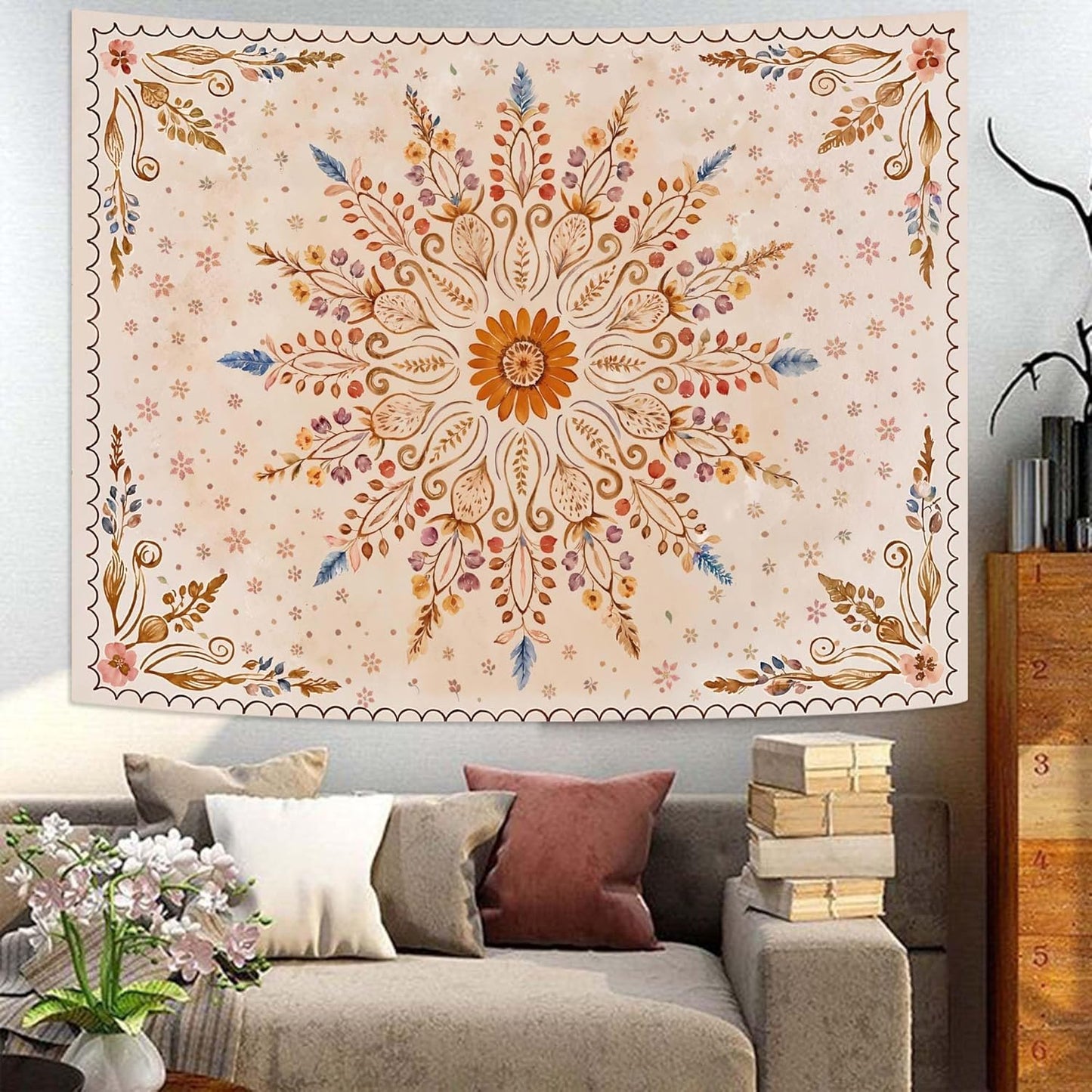 Fowocu Boho Floral Mandala Tapestry for Bedroom Aesthetic Watercolor Bohemian Flower Wall Tapestry Brown Beige Hippie Indian Small Tapestries Wall Hanging for Living Room Dorm Decor 48 x 36 Inch