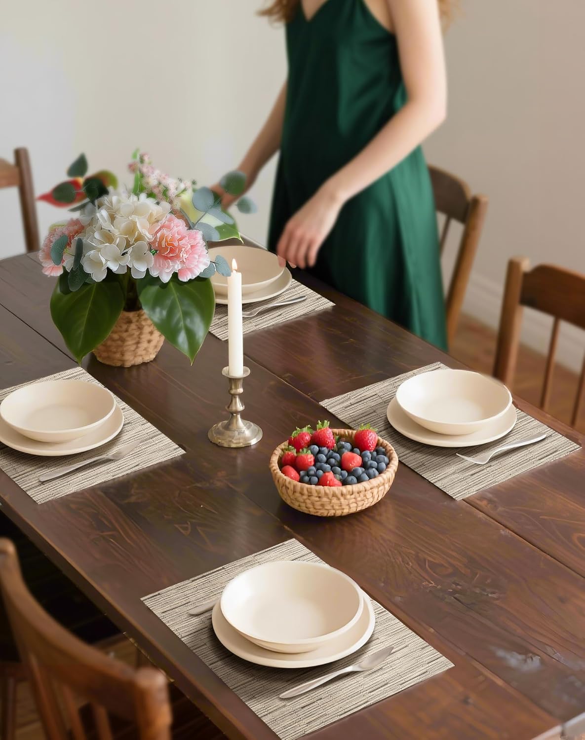 Leetaltree Light Brown Placemats Set of 8 - Heat Resistant Non-Slip Place mats for Dining Table, Washable Durable PVC Vinyl Woven Table Mats(Light Brown, 8)