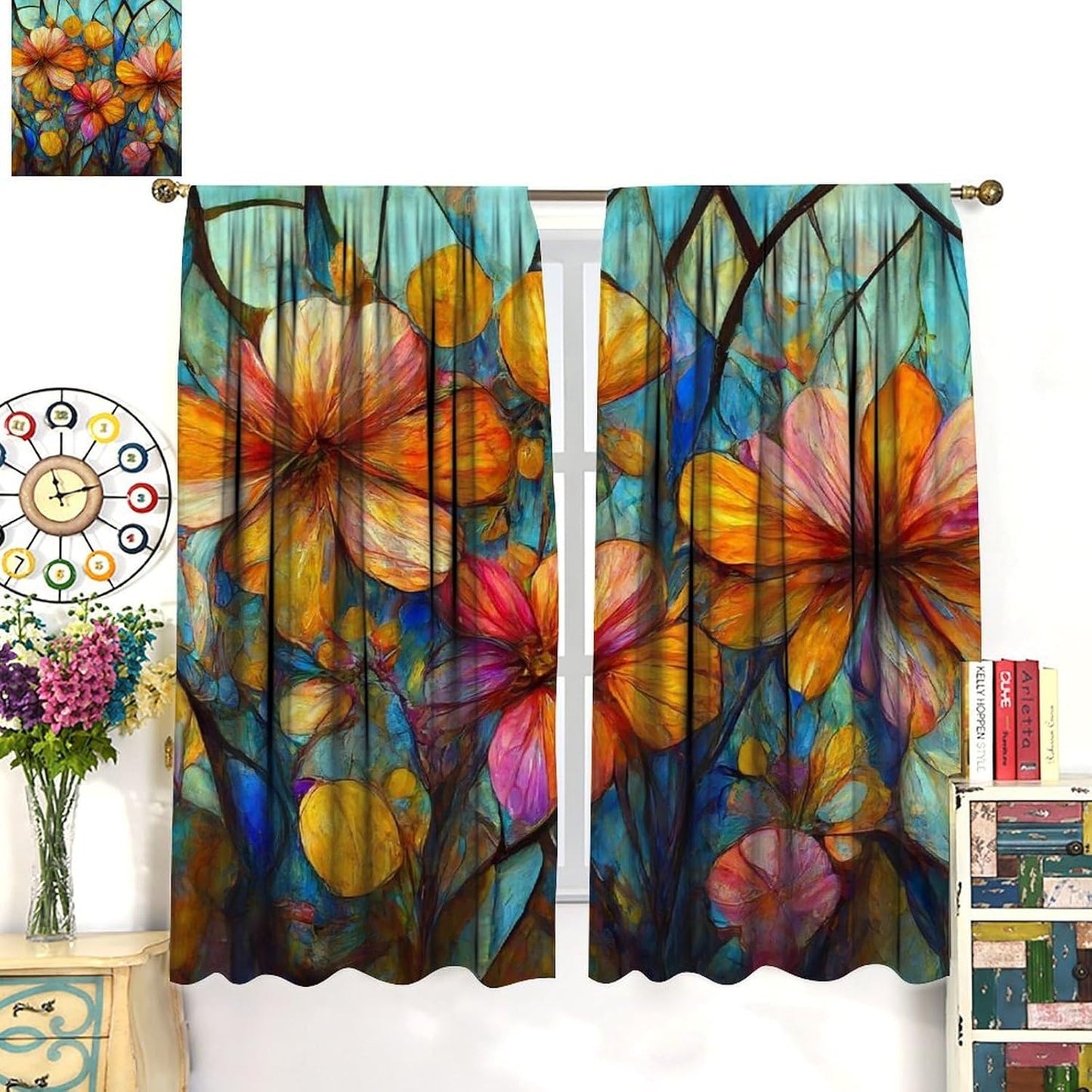 Stained Glass Curtains,Magic Forest Colorful Flowers Abstract Art Home Decor Drapes for Bedroom Living Room Kitchen Window Treatment 2 Panels Set Total Size 72" W X 63" L Inch