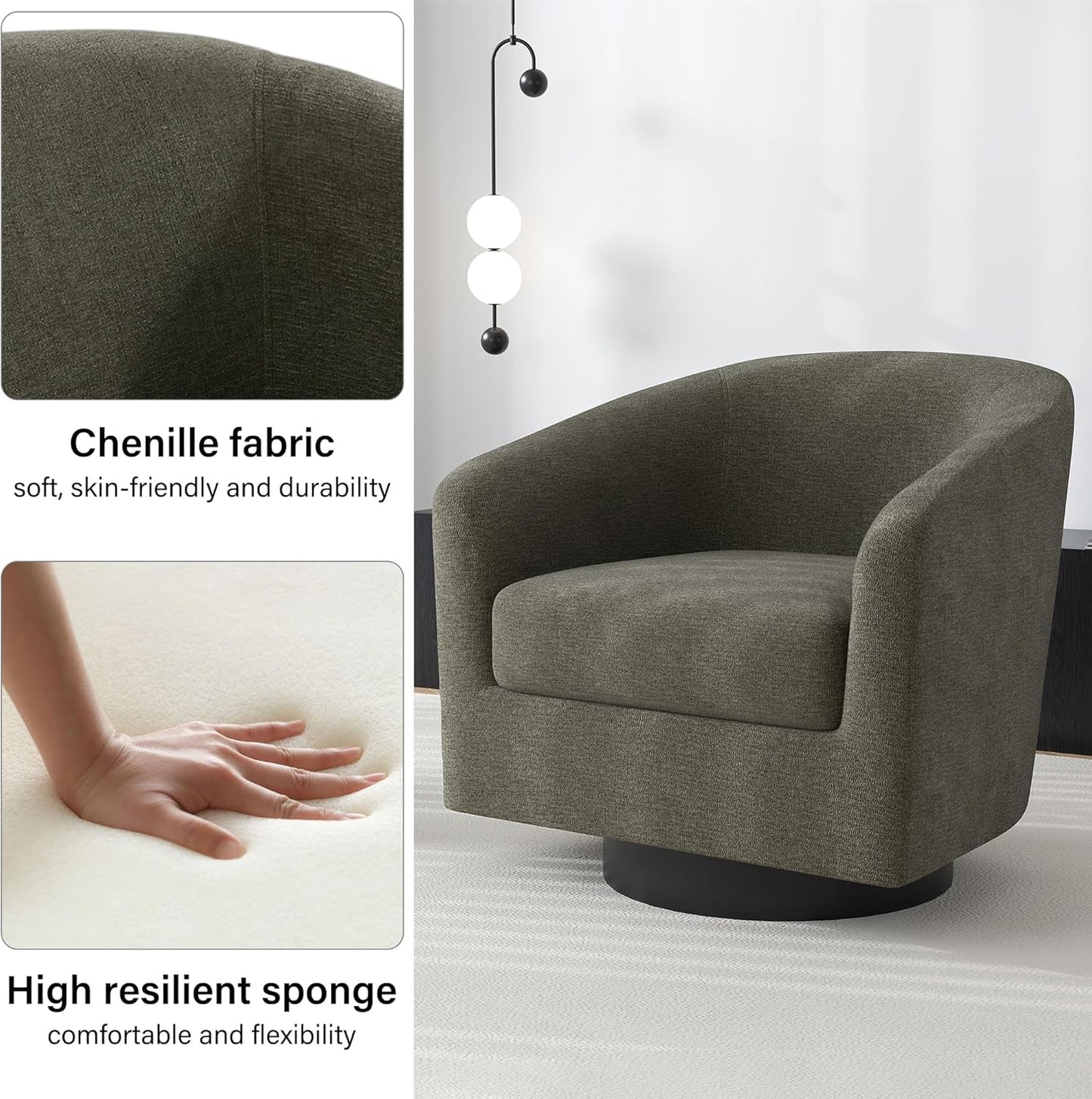 Swivel Barrel Accent Chair, Modern Round Chenille Fabric Arm Chair for Living Room, Bedroom, Comfy Club Reading Chairs for Adults(Chenille Fabric, Tan, Set of 1