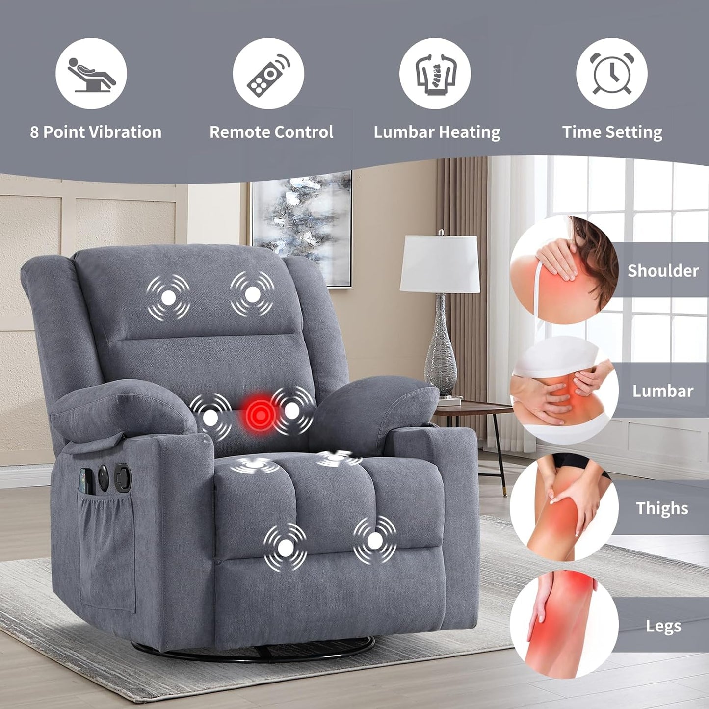 Rocker Recliner Chair with Heat and Massage, 360° Swivel Recliner Chairs for Adults, Heavy Duty Reclining Sofa Chair with USB Port Cup Holders Side Pockets for Living Room (Grey)