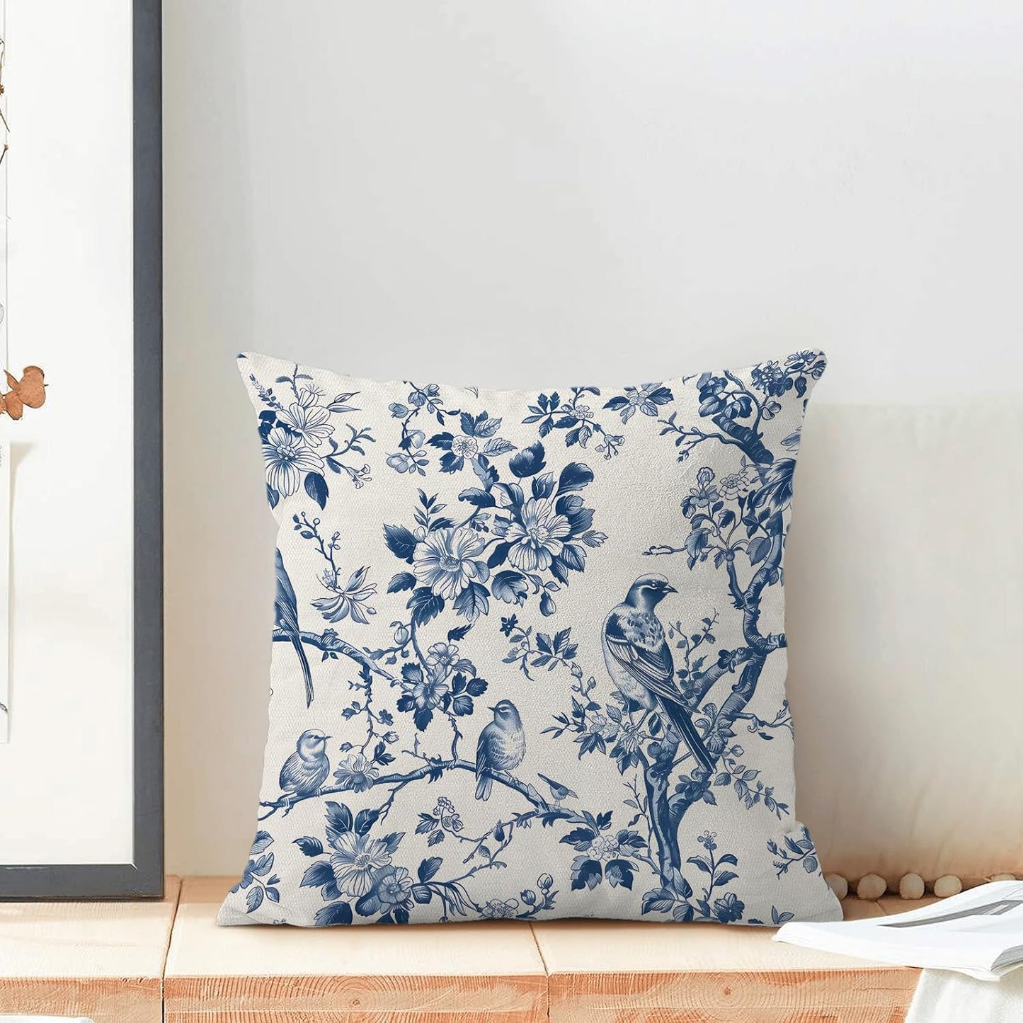 Navy Blue Spring Floral Pillow Covers 18 x 18 Inch Set of 2 for Vintage Chinoiserie Flowers Bird Decor Throw Pillows Plant Farmhouse Outdoor Decorative Cushion Cases for Couch Bed Decorations