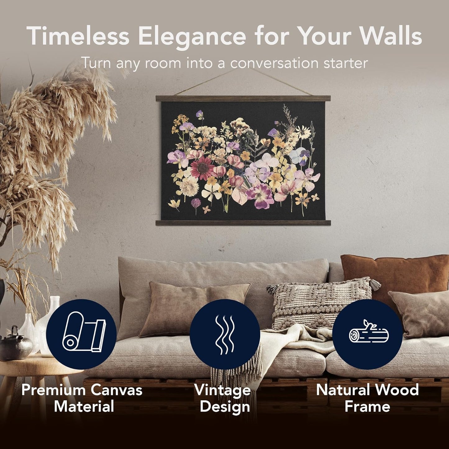 American Art Decor Framed Dried Flowers Tapestry Wall Art - Botanical Print with Blue, Yellow & Pink Blooms