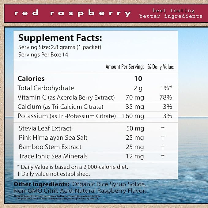 Superieur Electrolyte Powder Packets - Vegan Electrolyte Hydration Powder w/Sea Minerals - Keto Friendly, Non-GMO, Zero Sugar Electrolyte Supplement - Healthy Sports Drink - Raspberry (14 Packets)