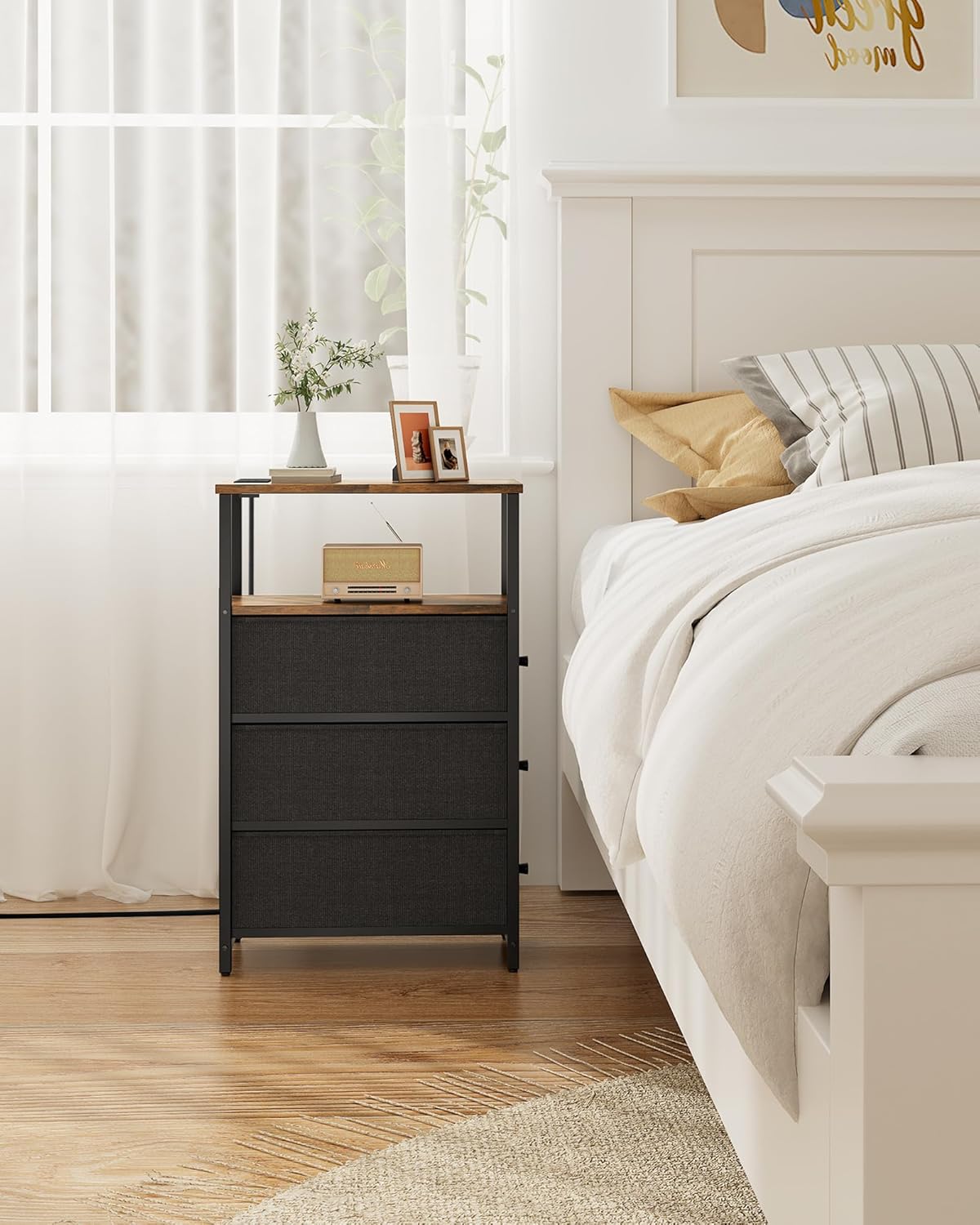 TUTOTAK Narrow Night Stand with Charging Station, Slim End Table with Plugins, Tall Side Table with 3 Fabric Drawer, Small Bedside Table with Storage, Living Room, Bedroom, Brown TB01BB086