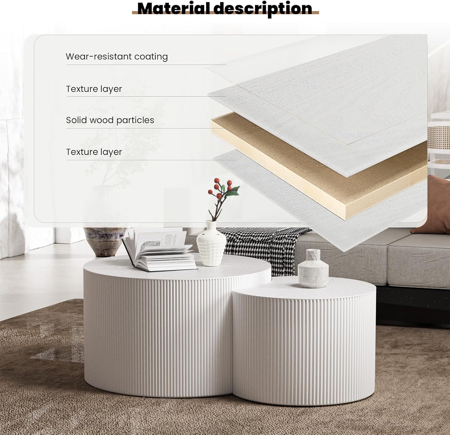 Round Nesting Coffee Table Set of 2 Handcraft Circle Fluted Nesting Coffee Tables Circular Side Table Drum Accent End Tables for Living Room Bedroom (White B Large)