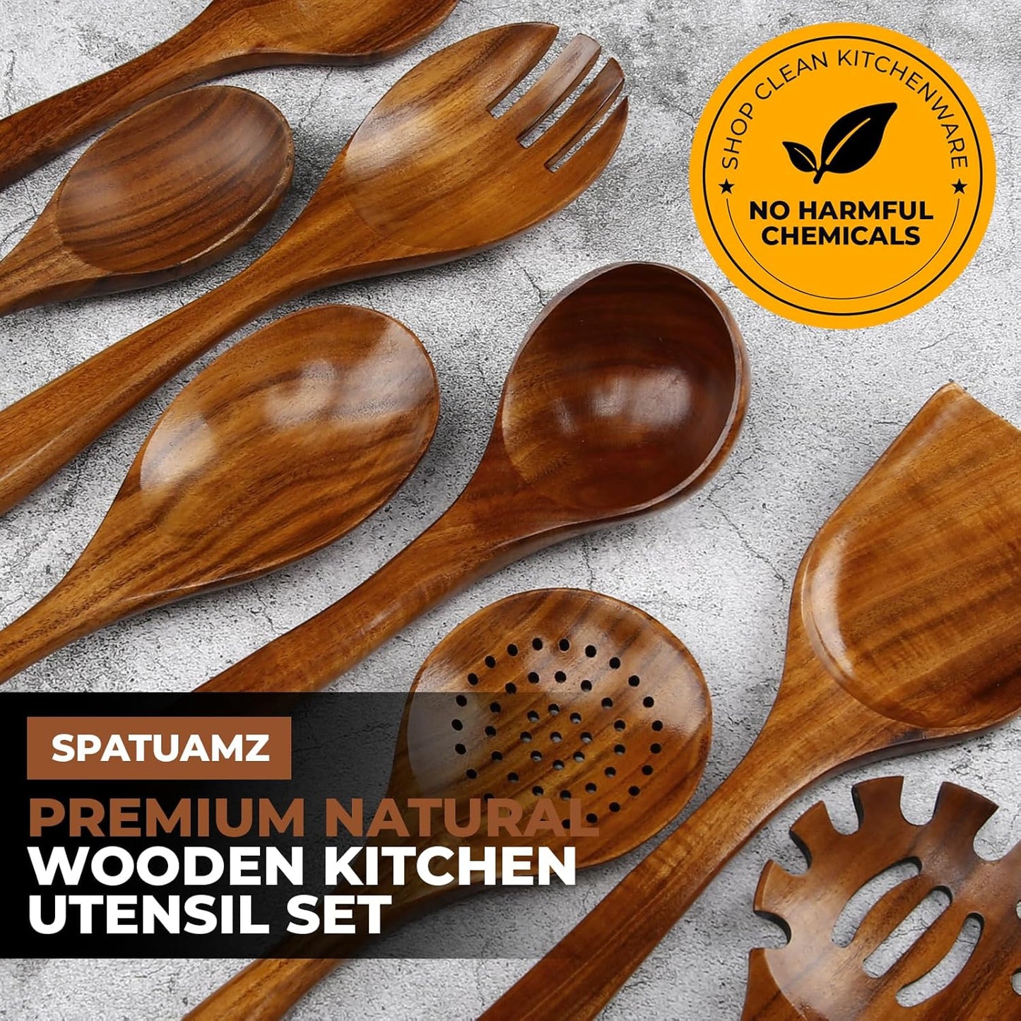 SPATUAMZ Teak Wood Spoons for Cooking, Elegant Wooden Cooking Set of 10, Excellent Kitchen Cooking Utensils Set for Home