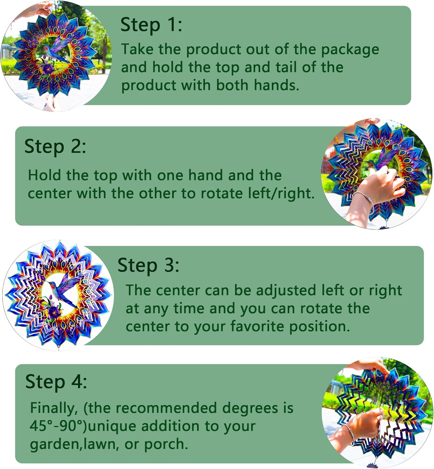Hummingbird Wind Spinner,Hanging Wind Spinners Outdoor for Garden Decoration,12 inch 3D Stainless Steel Wind Sculpture for Indoor/Outdoor Decor