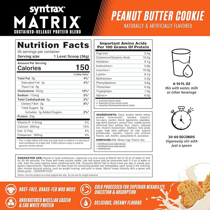 Syntrax Nutrition Matrix Protein Powder, Sustained-Release Protein Blend, Real Cookie Pieces, Peanut Butter Cookie, 2 lbs