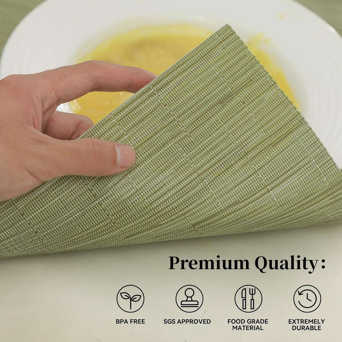 Leetaltree Pea Green Placemats Set of 4 - Heat Resistant Non-Slip Place mats for Dining Table, Washable Durable PVC Vinyl Woven Table Mats(Pea Green, 4)