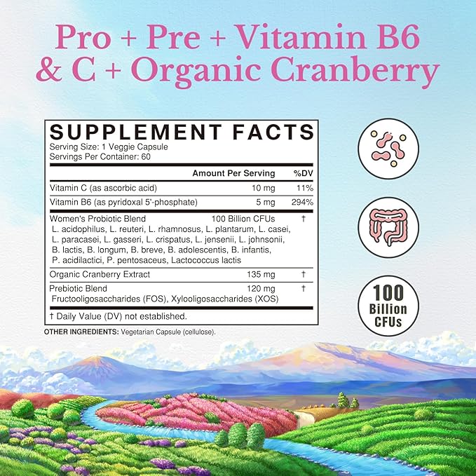 VITALITOWN Women’s Probiotics 100 Billion 18 Strains B6, Cranberry 60 Vegan
