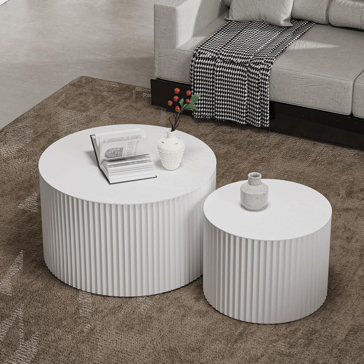 Round Nesting Coffee Table Set of 2 Handcraft Circle Fluted Nesting Coffee Tables Circular Side Table Drum Accent End Tables for Living Room Bedroom (White A Large)