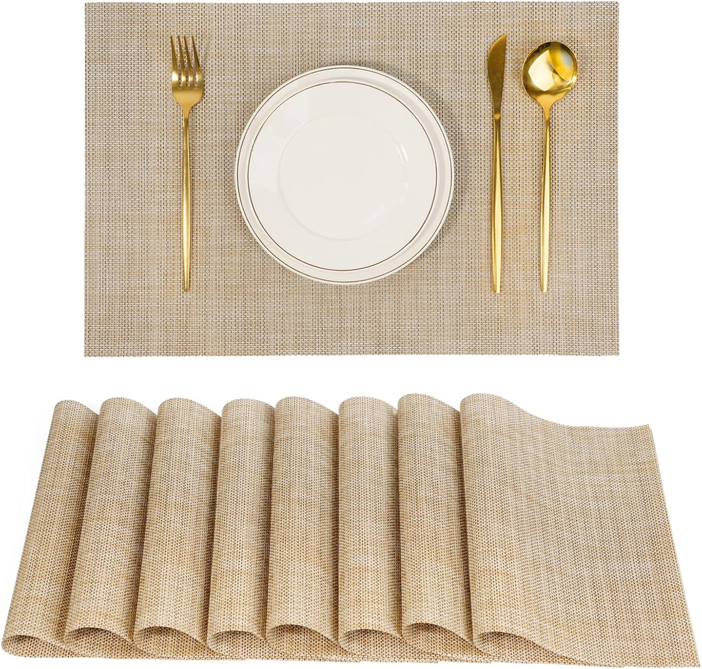 Placemats Set of 8,Non-Slip PVC Weave Table Mats Easy to Clean,Heat Resistant Place Mats for Kitchen Dining Table Decoration Indoor Outdoor,Beige