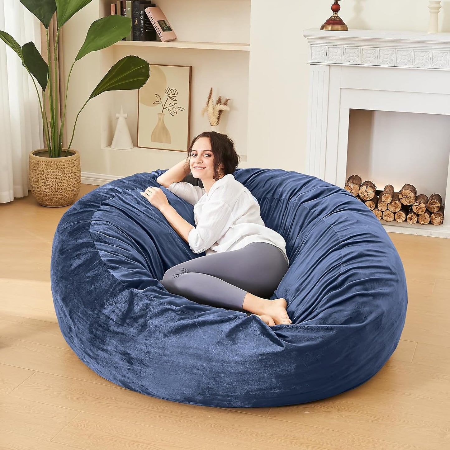 Bean Bag Chairs for Adults - Memory Foam Furniture BeanBag Chair - Kids/Teens Sofa with Soft Micro Fiber Cover - Round Fluffy Couch for Living Room Bedroom College Dorm - 5 ft, Navy