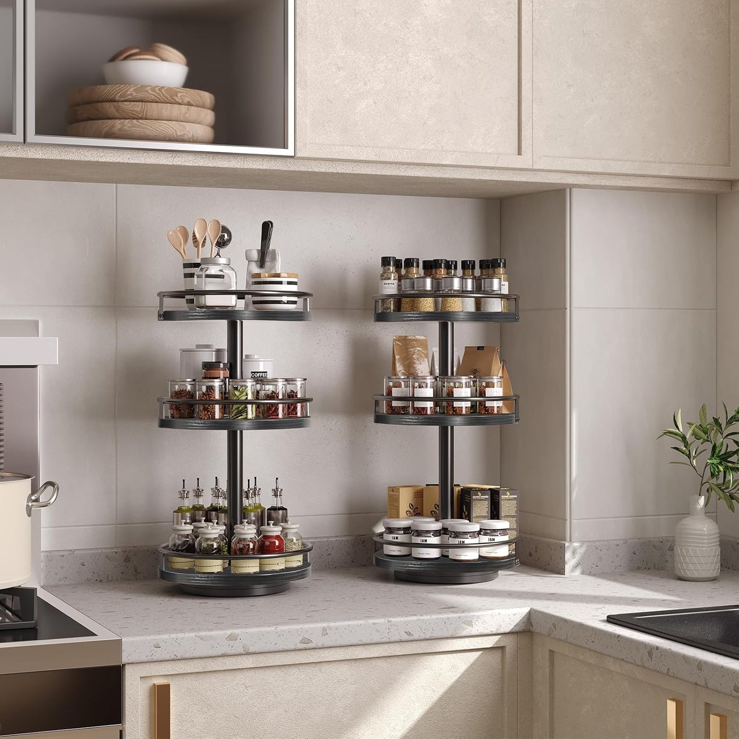 HOOBRO Lazy Susan Organizer, Rotating Spice Rack, 3-Tier Organizer, Turntable Spice Rack, Vertical Storage Organizer, for Kitchen Countertop, Vanity, Dining Table, Black BB09TL01