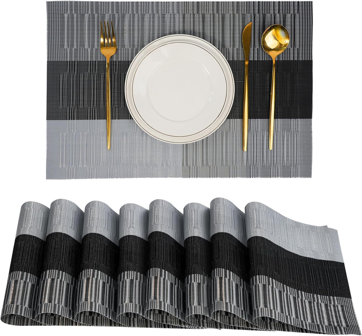 Placemats Set of 8,Non-Slip PVC Weave Table Mats Easy to Clean,Heat Resistant Place Mats for Kitchen Dining Table Decoration Indoor Outdoor,Black Gray