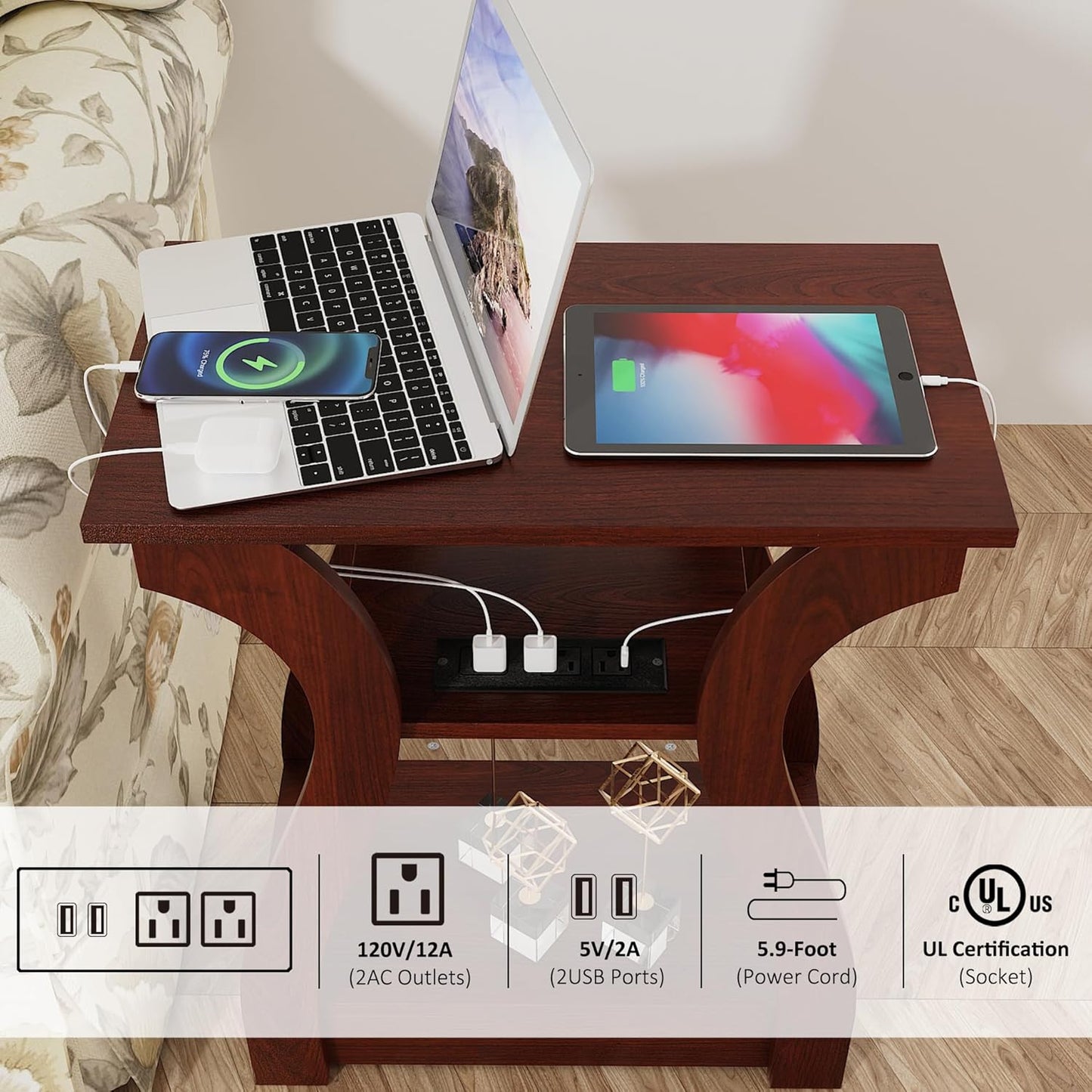 End Tables Living Room, Cherry End Table with Charging Station, Nightstand for Bedroom, 3 Tier End Table with Storage Shelf for Living Room(Cherry)
