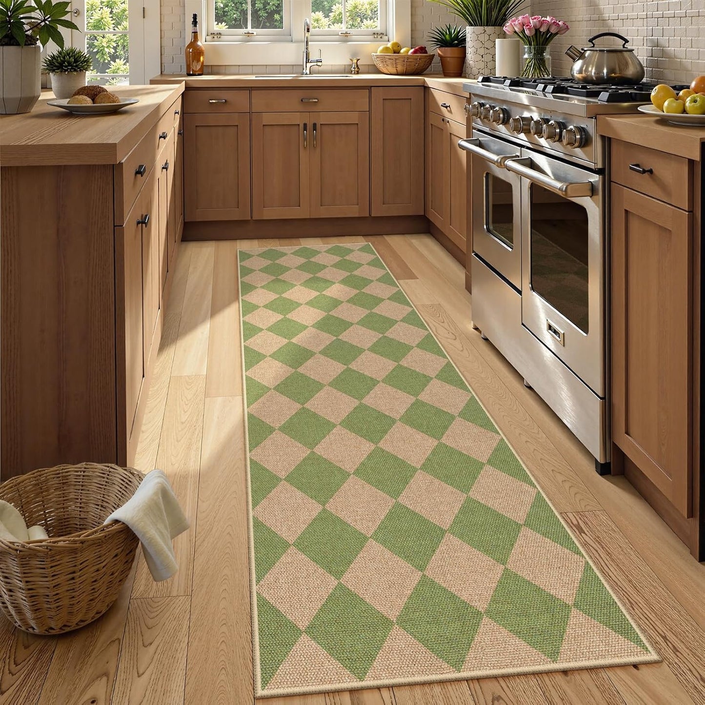 Lahome Checkered Green Runner Rug, 2x8 Carpet Runners for Hallway 8ft Non Slip Entryway Rug, Farmhouse Checkerboard Non Shedding Kitchen Mats for Floor Laundry Corridor