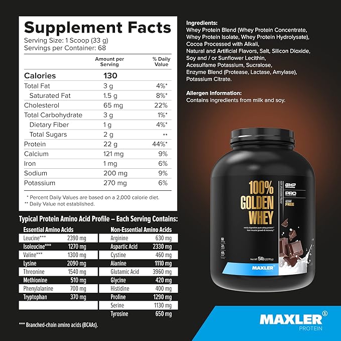 Maxler 100% Golden Whey - 22g Protein per Serving - High Protein, Low Fat, Low Carb, Complete Amino Acid Profile - Rich Chocolate Protein 5 lbs