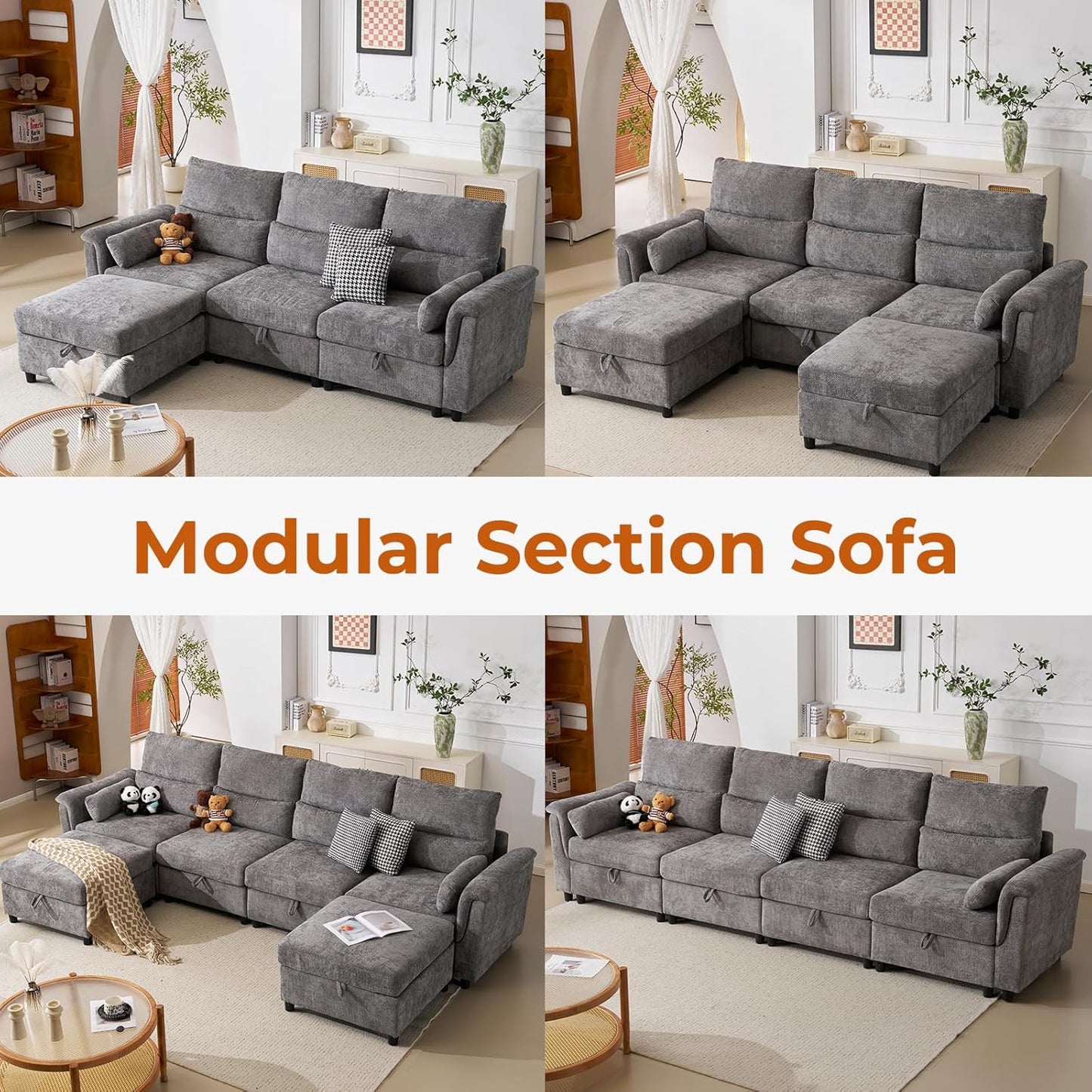 103''U Shaped Modular Sectional Sofa, Comfy Cloud Sectional Couch with Storage Ottoman, Chenille Deep Seat Modern Modular Sofa with 2 Throw Pillows for Living Room,Grey