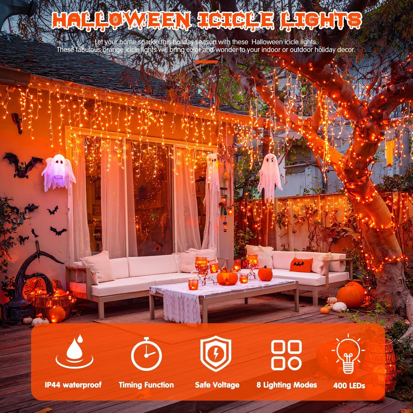 JMEXSUSS Orange Halloween Lights Outdoor, 38.8 FT 400 LED Orange Icicle Lights Outdoor Waterproof, 8 Modes String Light Plug in for Fireplace Tree Garden Patio Thanksgiving Fall Halloween Decor