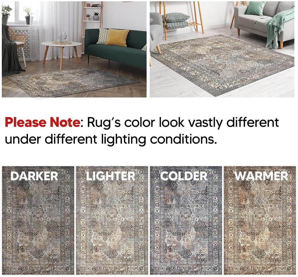 Keen Home Design 8x10 Rug - Machine Washable Area Rug with Non-Slip Backing, Ideal for Living Room, Dining Room, Bedroom - Vintage, Easy Clean, Durable, Low Pile Rug - (8' x 10')