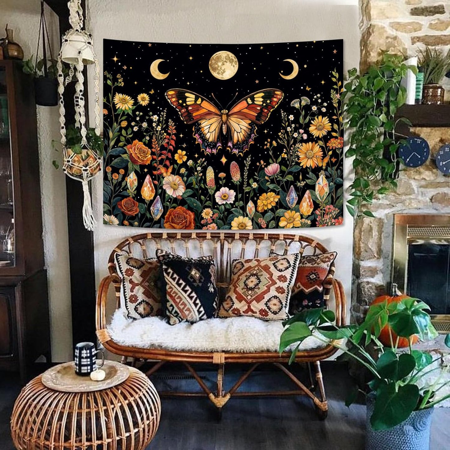 Lunerfex Boho Butterfly Tapestry Flower Moon Wall Tapestry, Moon Phases Tapestries for Bedroom Cute Tapestries Wall Hanging for Bedroom Living Room Decor Butterfly-2 44"x60"