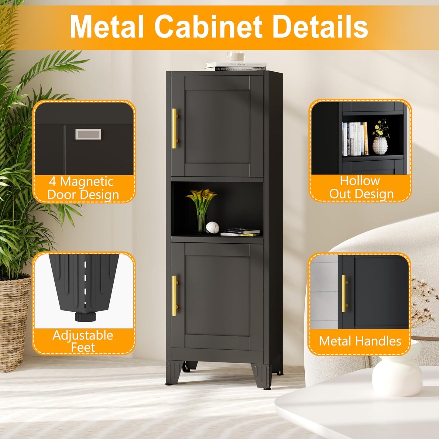 47.24" H Metal Narrow Bathroom Storage Cabinet Pantry Storage Cabinet, 2 Adjustable Shelves for Kitchen, Home Office, Living Room, Dinning Room (Black)