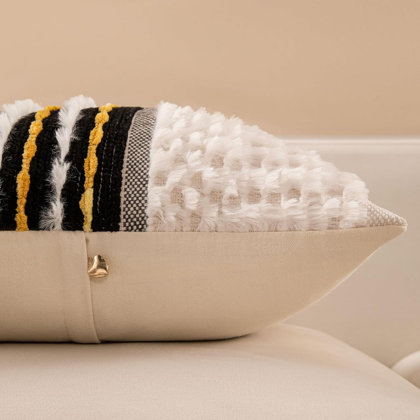 Boho Chenille Tufted Couch Throw Pillow Covers 18x18 Inch Set of 2 Farmhouse Striped Decorative Pillow Covers Accent Neutral Pillowcase Black Yellow Cushion Cover for Living Room Sofa Bed