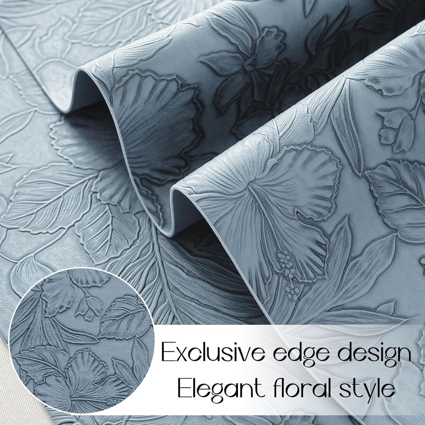 Romanstile Vinyl Placemats Set of 6-12 X 18 Inch - Heat Resistant Non-Slip Embossed Floral Place Mats 100% Waterproof Oilproof Wipeable Faux Leather Table Mats for Kitchen/Dining/Party, SkyBlue