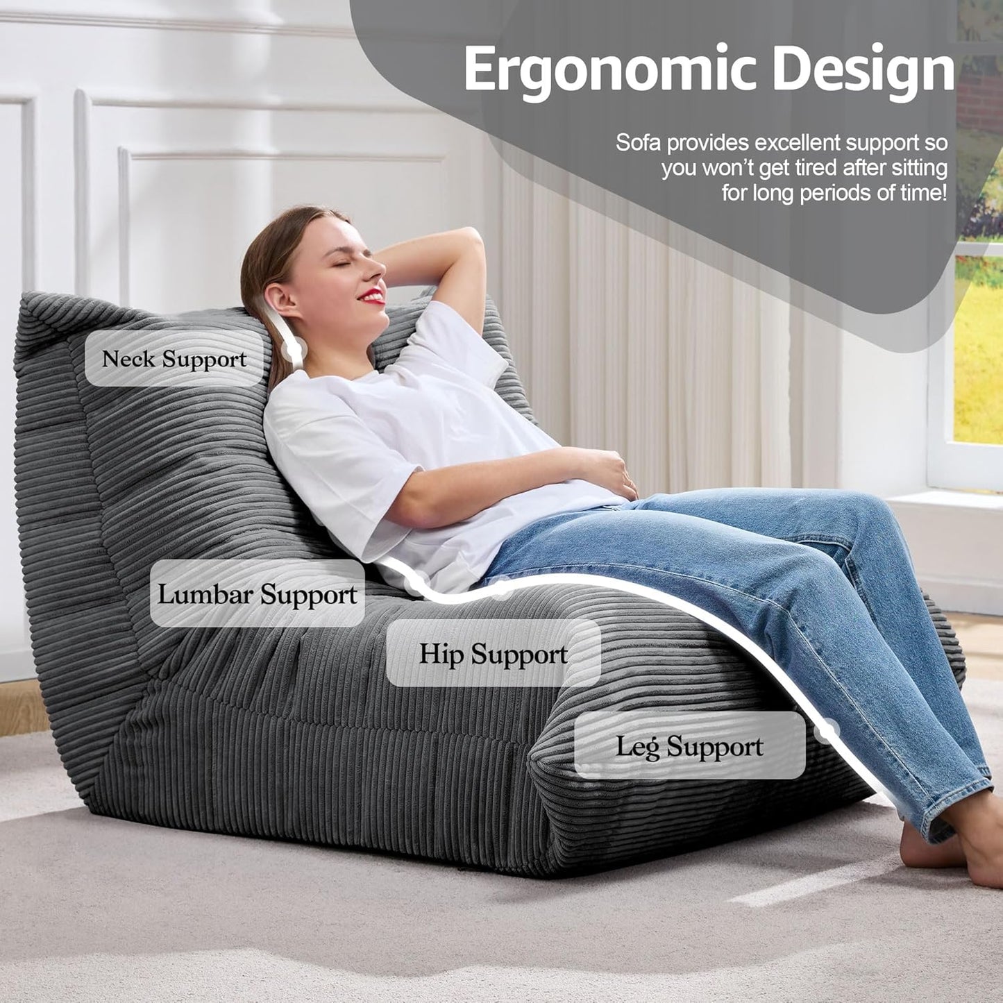 Bean Bag Chairs for Adults Giant Bean Bag Chair Memory Foam BeanBag Chair Big Bean Bag Sofa with Filler Faux Fur Fireside Beanbags Lazy Sofa for Living Room Bedroom Dorm Office (Grey Corduroy)