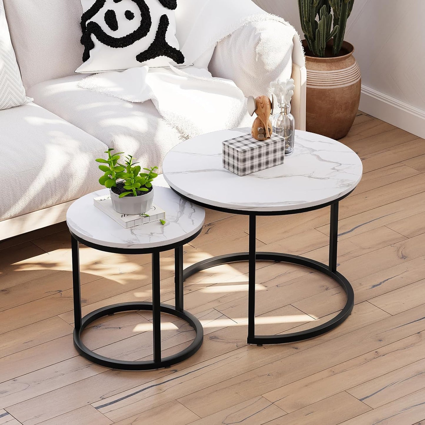 Smuxee White Nesting Coffee Table Set of 2, 23.6" Round Coffee Table Wood Grain Top with Adjustable Non-Slip Feet, Industrial End Table Side Tables for Living Room Bedroom Balcony Yard