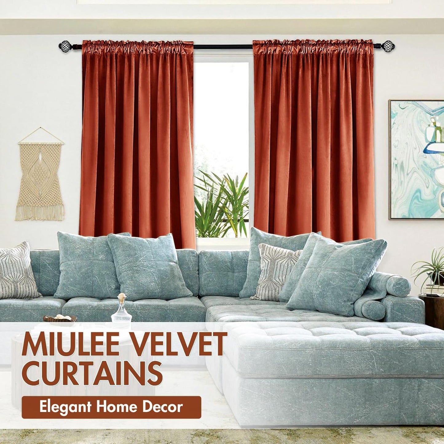 MIULEE Burnt Orange Velvet Curtains Thermal Insulated Blackout Curtain Fall Drapes for Bedroom Living Room Darkening 108 Inches Long Rust Terracotta Panels Rod Pocket Set of 2