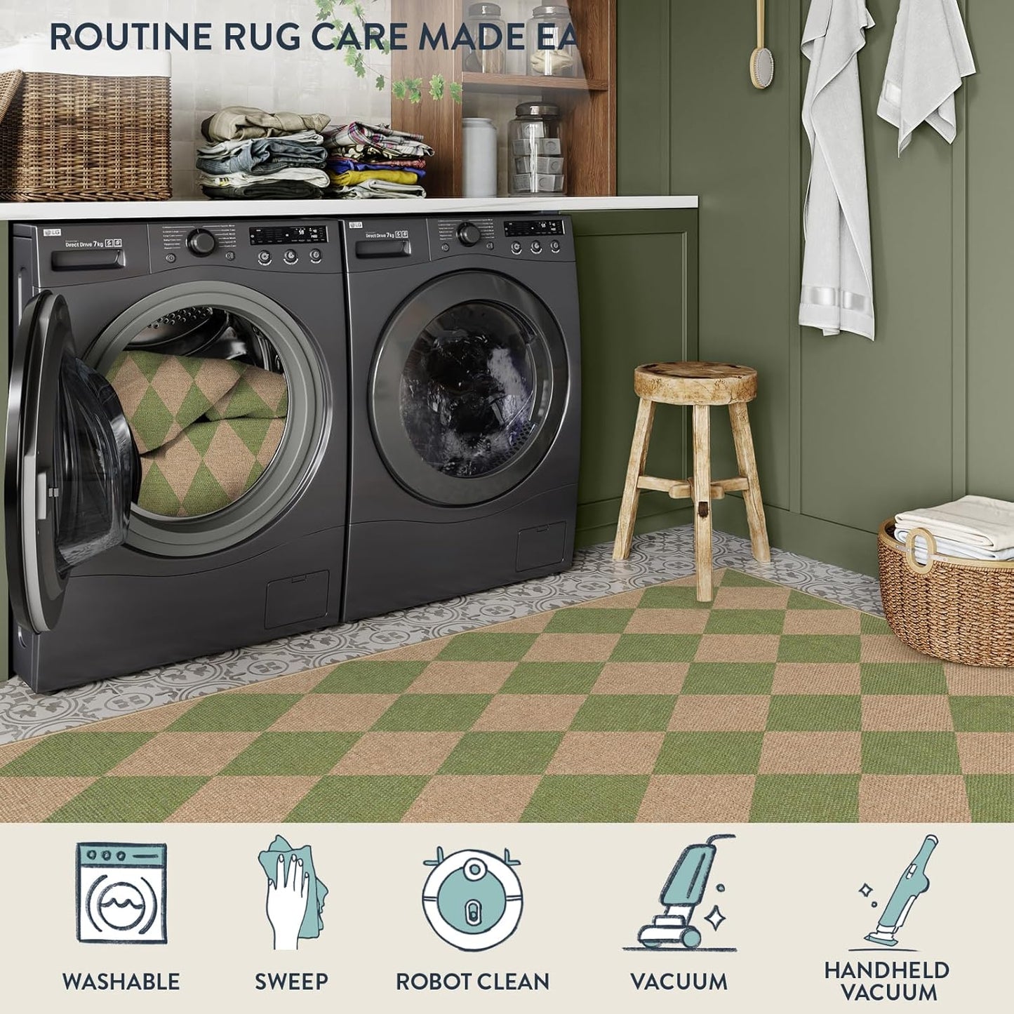 Lahome Checkered Green Runner Rug, 2x8 Carpet Runners for Hallway 8ft Non Slip Entryway Rug, Farmhouse Checkerboard Non Shedding Kitchen Mats for Floor Laundry Corridor