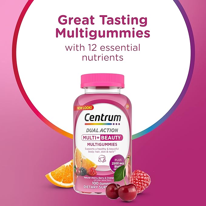 Centrum MultiGummies Multi+ Beauty Dual Action Multivitamin, Specially Designed with Biotin for Healthy Hair, Skin and Nails, Cherry/Berry/Orange Flavors - 100 Count