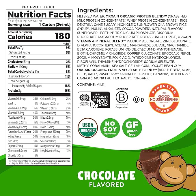 Orgain Organic Kids Nutritional Protein Shake, 8g Dairy 3g Fiber, 22 Vitamins 8.25 Fl 12)