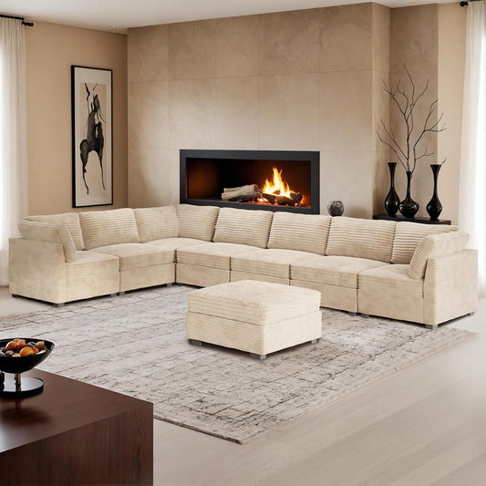 HOOOWOOO Modular Sectional Sofa,8 Pieces Sectional Couches for Living Room,164X66 L Shaped Cloud Couch with Ottoman Chaise Set(Beige Velvet Corduroy)