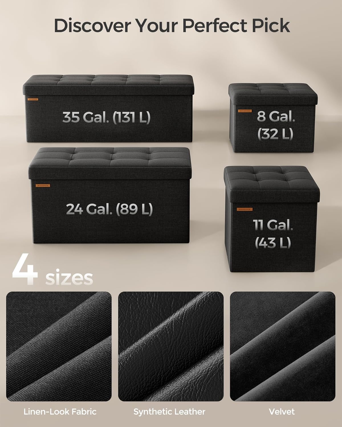 SONGMICS MAZIE Collection - 43 Inches Folding Storage Ottoman Bench, Ottoman Foot Rest, End of Bed Bench, Storage Chest, Load 660 lb, for Living Room, Bedroom, Entryway, Ink Black ULSF077B01