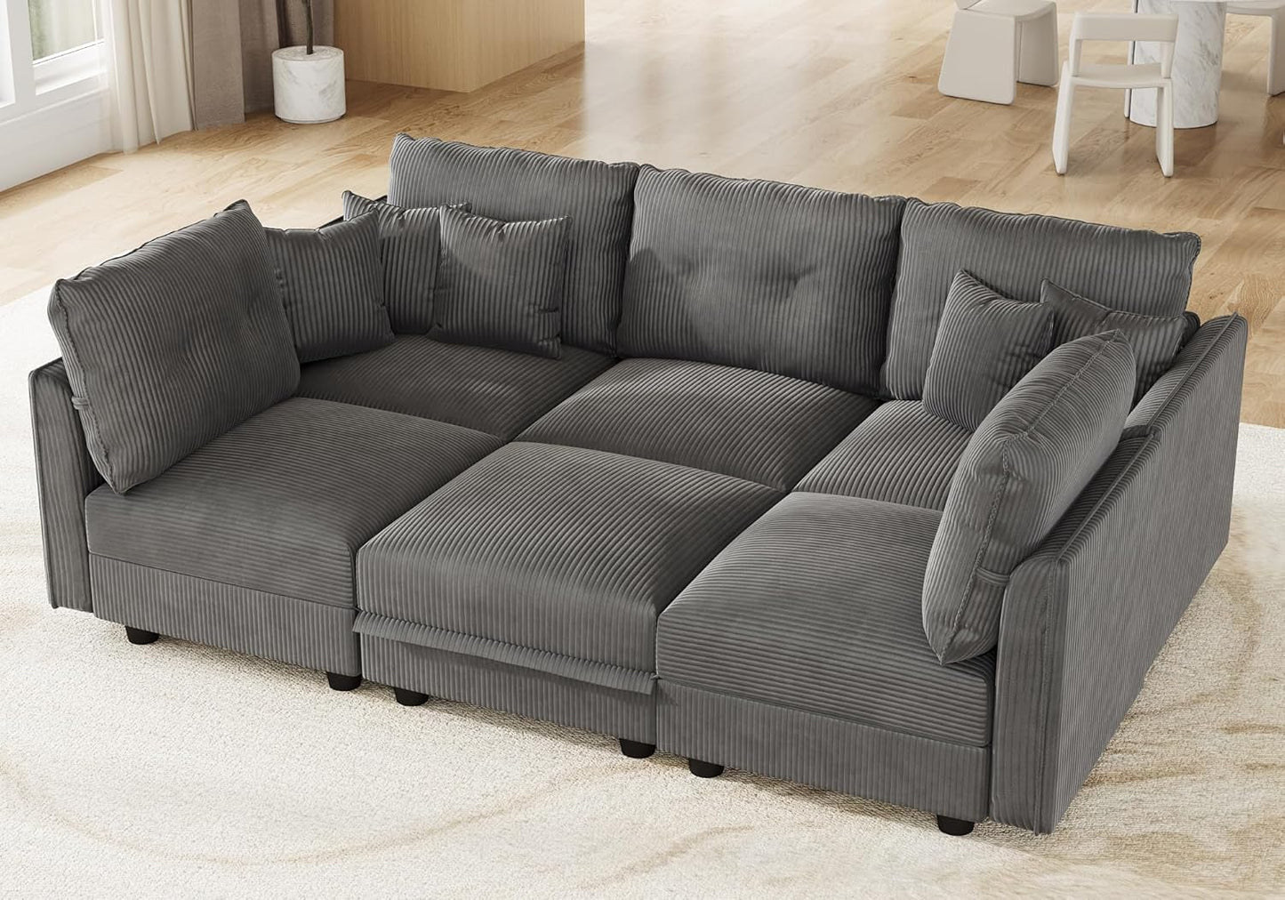LLappuil Modular Sectional Sofa with Storage Seats, Corduroy Convertible Modular U Shaped Sectional Couch for Living Room, 6 Seat Oversized Sofa with 5 Back Cushion 5 Throw Pillow, Grey