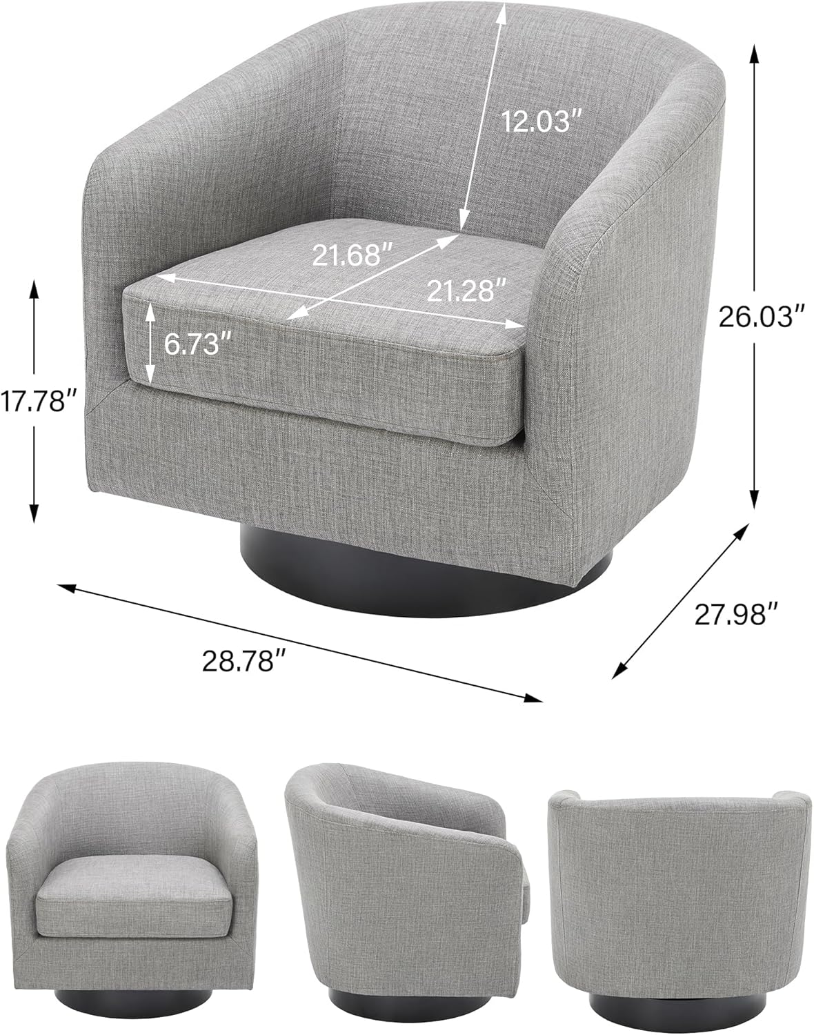 Swivel Barrel Accent Chair, Modern Round Linen Arm Chair for Living Room, Bedroom, Comfy Club Reading Chairs for Adults(Linen Fabric, Light Grey, Set of 1