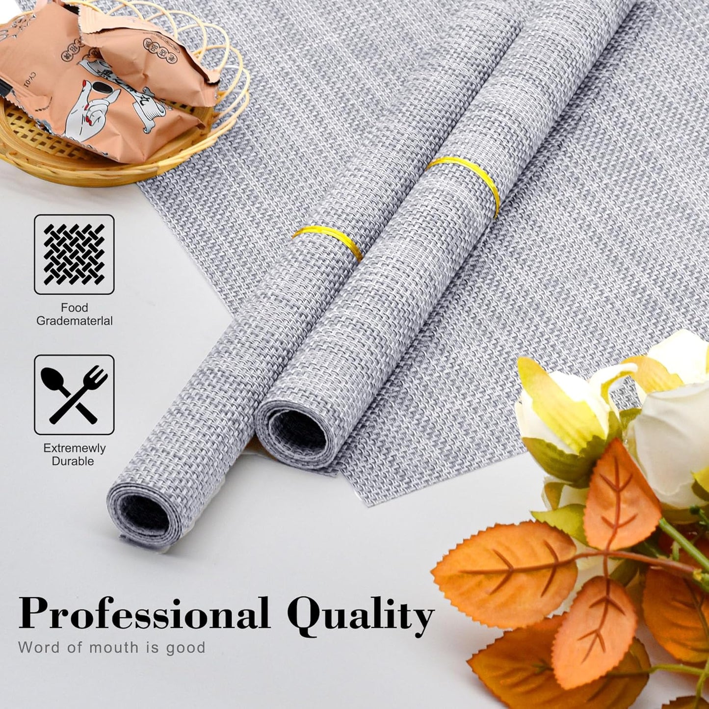 CADONO Placemats Set of 4 Washable Indoor/Outdoor Vinyl Place Mats for Dining Table Durable Non-Slip Heat Resistant PVC Weave Table Mats(Gray)