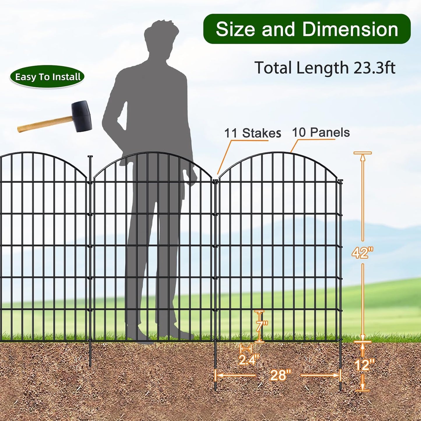 Metal Garden Fence 42in (H) x 23.3ft (L), 10 Panels + 11 Stakes Dog Fence Border Fence Animal Barrier, No Dig Garden Fencing for Yard Flower Bed Lawn Patio Outdoor, CTW4210 Black