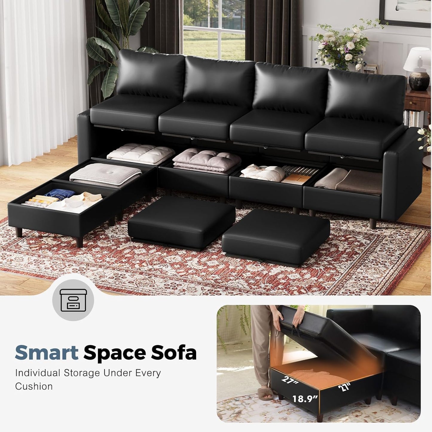 118.5" Faux Leather Modular Sectional Sofa, U Shaped Couch Set for Living Room, Large 8-Seater Comfy Cloud Couches with Storage Seat DIY Combination - Black