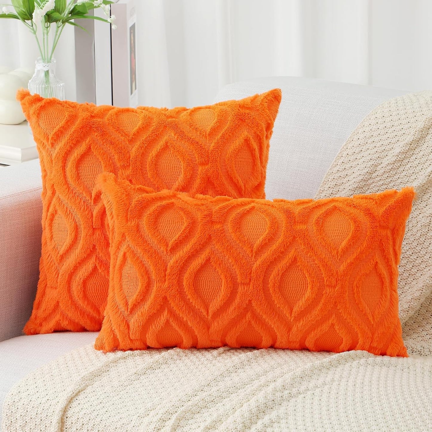 decorUhome Fall Throw Pillow Covers 18x18 Inch Set of 2, Soft Plush Decorative Faux Fur Orange Solid Couch Pillow Covers, Accent Farmhouse Neutral Square Euro Pillow Cases for Sofa Bed Living Room