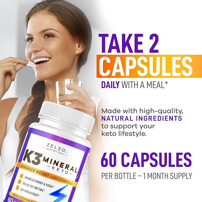 ZELSO (3 Pack) K3 Mineral Weight Loss Pills for Women and Men - K3 Salt Mineral, Vitamin + K3 Capsules Supplement for Weight Loss - 180 Days Supply