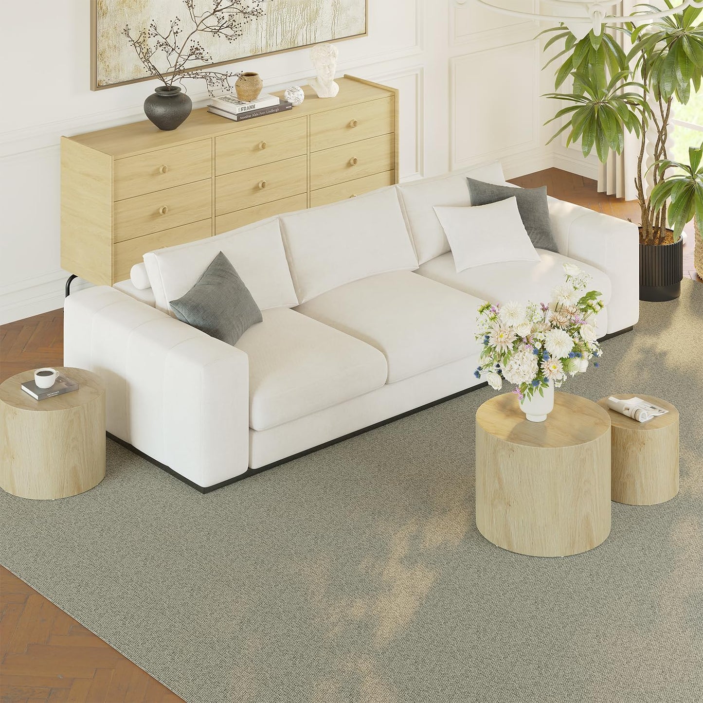 Vikiullf Nesting Coffee Table Set of 3, Round Wooden Coffee Tables, Modern Circle Table for Living Room Side Table End Table, Saving Space Design and No Need Assembly,Natural Wood Grain