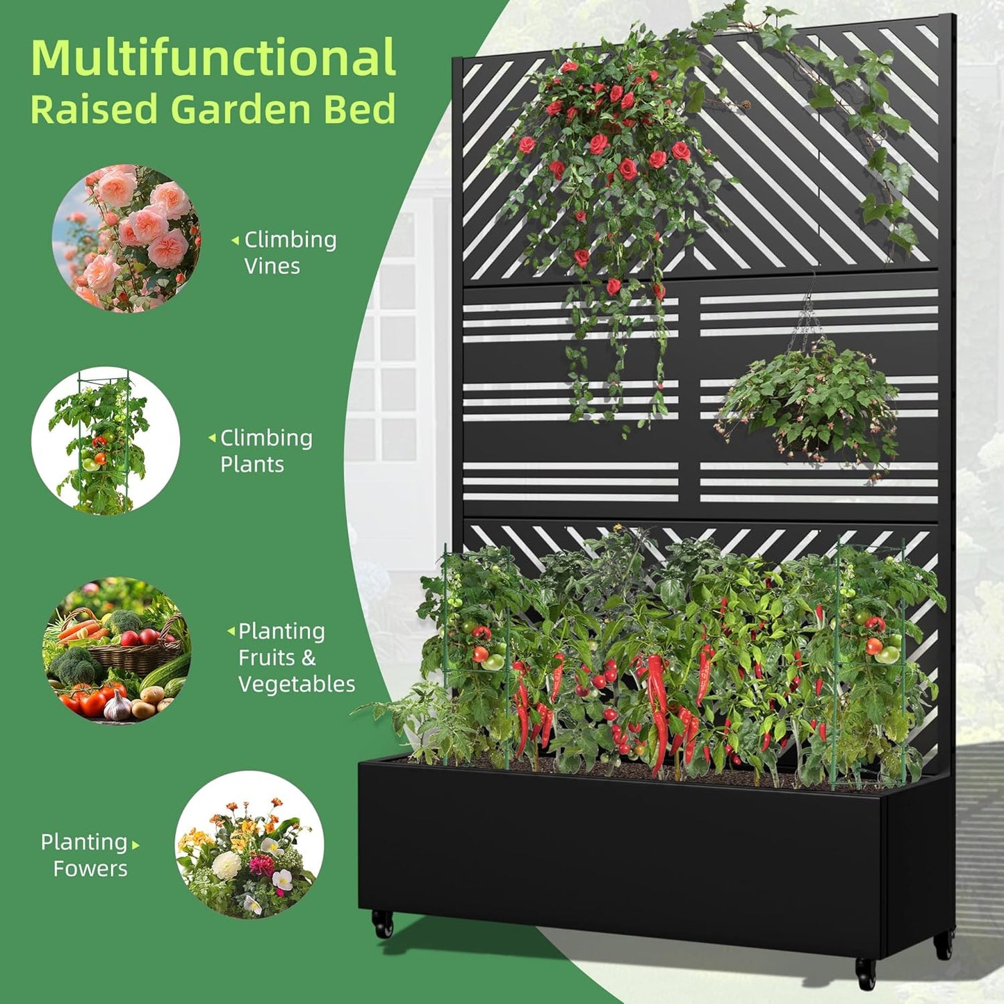 Casaphoria Metal Raised Garden Bed with Trellis and Wheels, 72"x47"x16" Planter Box for Climbing Plants, Vegetables & Vines, Features Drainage Holes and Privacy Screen, Black(Parallel&Harold)