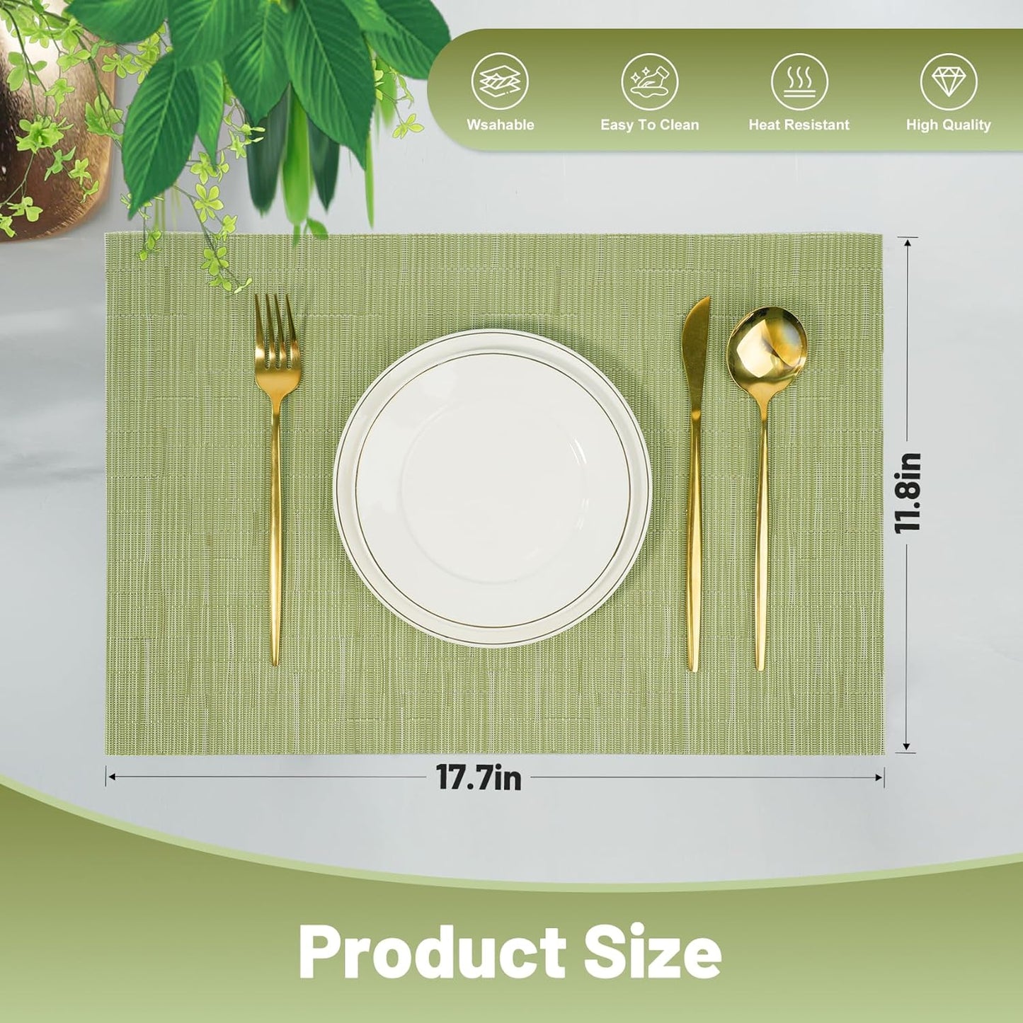 Placemats Set of 8,Non-Slip PVC Weave Table Mats Easy to Clean,Heat Resistant Place Mats for Kitchen Dining Table Decoration Indoor Outdoor,Pea Green