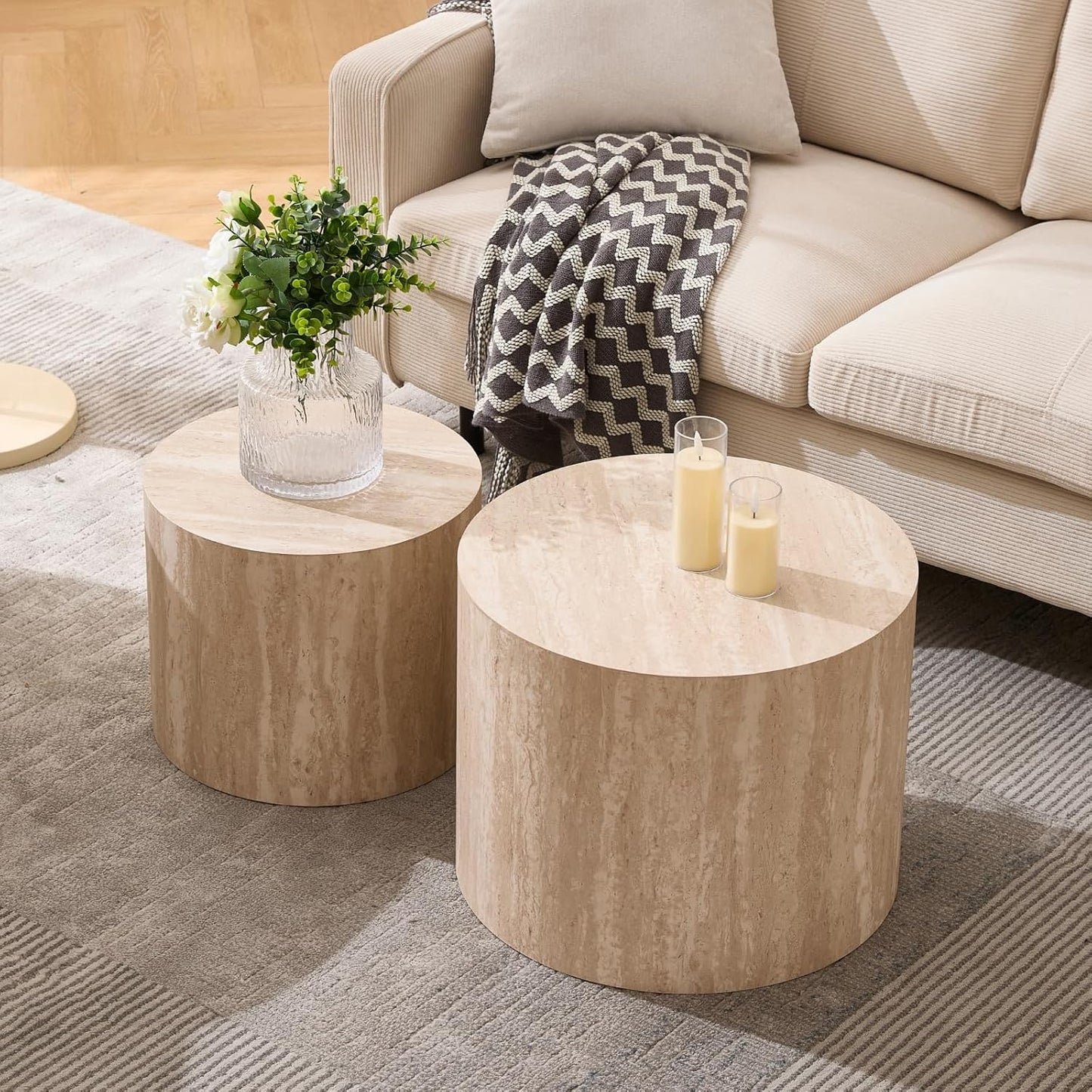 Round Coffee Tables Side Table Set of 2, Wood Nesting End Table for Living Room Balcony Office, No Assembling
